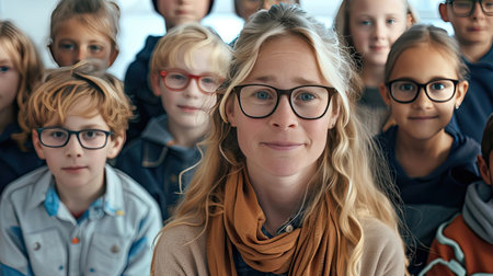 A group portrait of a teacher and her diverse class of elementary school students. - Generative AI.の素材