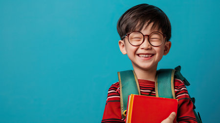 Back to school concept. Young asian boy with dark hair and round glasses happy funny cute little child boy smiling and laugh hug books, studio shot isolated blue background. Kid from preschool kindergarten with school bag education - AI Generated.の素材