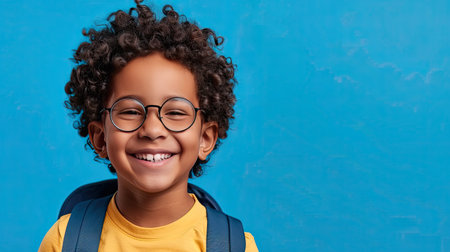 Back to school concept. Young boy with curly dark hair and round glasses is happy funny cute little child boy smiling and laugh hug books, studio shot isolated blue background. Kid from preschool kindergarten with school bag education. - AI Generated.の素材