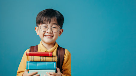 Back to school concept. Young asian boy with dark hair and round glasses happy funny cute little child boy smiling and laugh hug books, studio shot isolated blue background. Kid from preschool kindergarten with school bag education - AI Generated.の素材