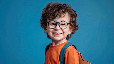Back to school concept. Young boy with curly dark hair and round glasses is happy funny cute little child boy smiling and laugh hug books, studio shot isolated blue background. Kid from preschool kindergarten with school bag education. - AI Generated.の素材