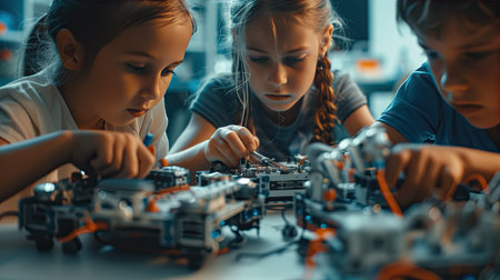 Elementary School Robotics Classroom: Diverse Group of Children Building and Programming Robot Together, Talking and Working as Team. Kids Learning Software Design and Creative Robotics Engineering. AI Generated.の素材