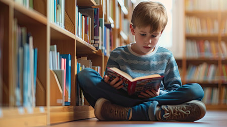 A primary school boy sitting on the floor of a cozy library, leaning against a bookshelf as he immerses himself in the wonderful book he holds in his hands. AI Generated.の素材