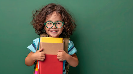 Back to school concept. Young boy with curly dark hair and round glasses is happy funny cute little child boy smiling and laugh hug books, studio shot isolated blue background. Kid from preschool kindergarten with school bag education. - AI Generated.の素材
