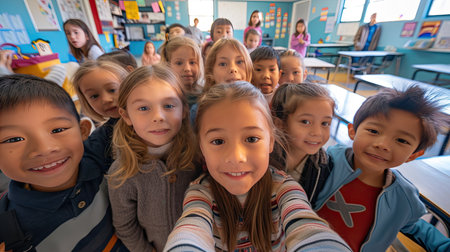 Class selfie in an elementary school. Kids taking a picture together in a co-ed school in a classroom. AI Generated.の素材