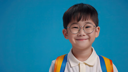 Back to school concept. Young asian boy with dark hair and round glasses happy funny cute little child boy smiling and laugh hug books, studio shot isolated blue background. Kid from preschool kindergarten with school bag education - AI Generated.の素材