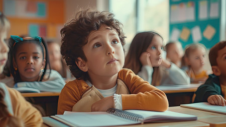 Elementary Classroom of Diverse Bright Children Listening Attentively to their Teacher Giving Lesson. Brilliant Young Kids in School Writing in Exercise Notebooks, Taking Test. AI Generated.の素材