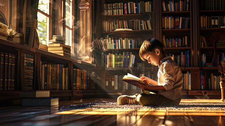 A primary school boy sitting on the floor of a cozy library, leaning against a bookshelf as he immerses himself in the wonderful book he holds in his hands. AI Generated.の素材