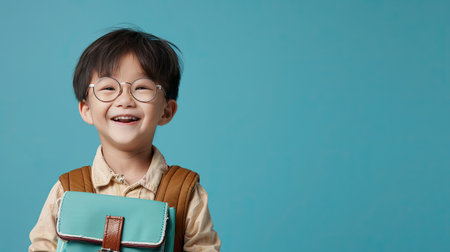 Back to school concept. Young asian boy with dark hair and round glasses happy funny cute little child boy smiling and laugh hug books, studio shot isolated blue background. Kid from preschool kindergarten with school bag education - AI Generated.の素材