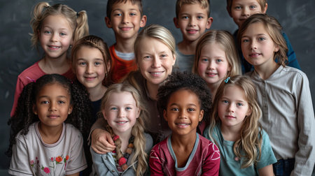 A group portrait of a teacher and her diverse class of elementary school students. - Generative AI.の素材