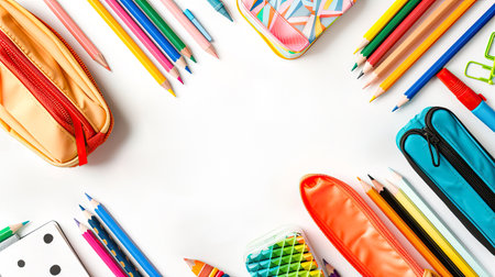 Pencil case with set of school supplies isolated on white. Top view Copy space Flat lay composition Banner. AI Generated.の素材