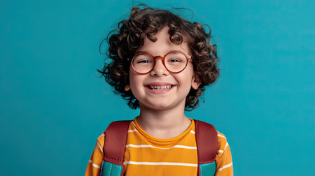 Back to school concept. Young boy with curly dark hair and round glasses is happy funny cute little child boy smiling and laugh hug books, studio shot isolated blue background. Kid from preschool kindergarten with school bag education. - AI Generated.の素材