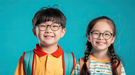 Back to school concept. Portrait Young boy and girl with dark hair and round glasses happy funny cute little child boy and girl smiling and laugh hug books, studio shot isolated blue background. Kid from preschool kindergarten with school bag education - AI Generated.の素材