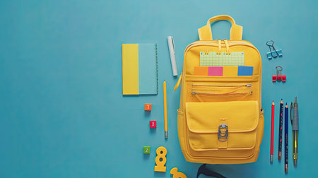 Back to school, education concept Yellow backpack with school supplies - notebook, pens, eraser rainbow, numbers isolated on blue background Top view Copy space Flat lay composition Banner. AI Generated.の素材