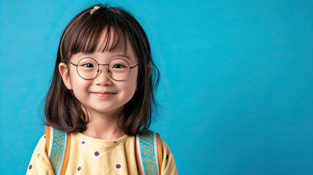 Back to school concept. Portrait Young asian girl with dark hair and round glasses happy funny cute little child girl smiling and laugh hug books, studio shot isolated blue background. Kid from preschool kindergarten with school bag education - AI Generated.の素材