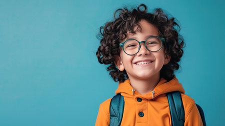 Back to school concept. Young boy with curly dark hair and round glasses is happy funny cute little child boy smiling and laugh hug books, studio shot isolated blue background. Kid from preschool kindergarten with school bag education. - AI Generated.の素材