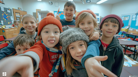 Class selfie in an elementary school. Kids taking a picture together in a co-ed school in a classroom. AI Generated.の素材