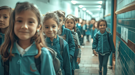 Group portrait of elementary school kids in school corridor. AI Generated.の素材