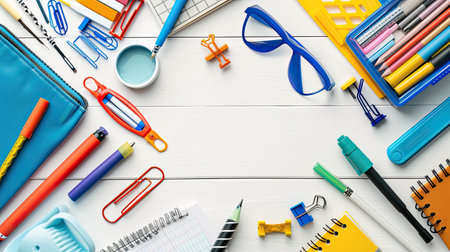 Set of stationery and school supplies laying on white table surface ground. isolated on white background. - Generative AI.の素材