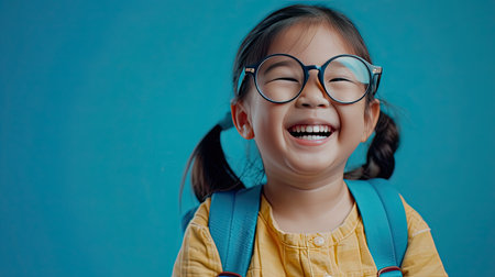 Back to school concept. Portrait Young asian girl with dark hair and round glasses happy funny cute little child girl smiling and laugh hug books, studio shot isolated blue background. Kid from preschool kindergarten with school bag education - AI Generated.の素材
