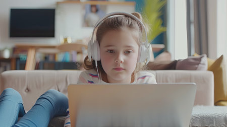 Caucasian girl learning online remotely With Laptop. A little young woman wearing headphone study at home. AI Generated.の素材