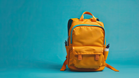 Classic colored school backpack with supplies on isolated blue background, Space for text. - AI Generated.の素材
