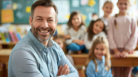 Portrait of smiling teacher in a class at elementary school looking at camera with learning students on background. - AI Generated.の素材