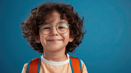 Back to school concept. Young boy with curly dark hair and round glasses is happy funny cute little child boy smiling and laugh hug books, studio shot isolated blue background. Kid from preschool kindergarten with school bag education. - AI Generated.の素材