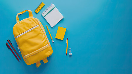 Back to school, education concept Yellow backpack with school supplies - notebook, pens, eraser rainbow, numbers isolated on blue background Top view Copy space Flat lay composition Banner. AI Generated.の素材