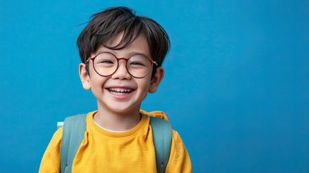 Back to school concept. Young asian boy with dark hair and round glasses happy funny cute little child boy smiling and laugh hug books, studio shot isolated blue background. Kid from preschool kindergarten with school bag education - AI Generated.の素材