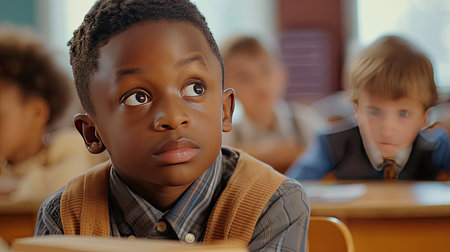 African american elementary schoolboy peeking on classmate's answer during test in primary school, sitting in classroom. AI Generated.の素材