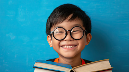 Back to school concept. Young asian boy with dark hair and round glasses happy funny cute little child boy smiling and laugh hug books, studio shot isolated blue background. Kid from preschool kindergarten with school bag education - AI Generated.の素材