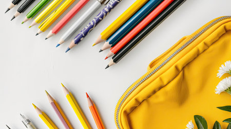 Pencil case with set of school supplies isolated on white. Top view Copy space Flat lay composition Banner. AI Generated.の素材