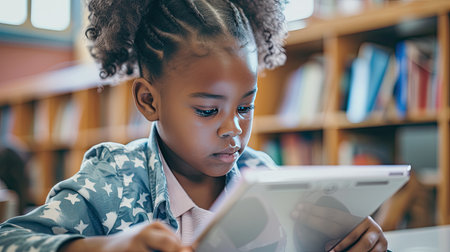 Schoolgirl using a tablet computer in elementary school in computer science class. - AI Generated.の素材