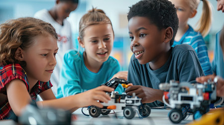 Elementary School Robotics Classroom: Diverse Group of Children Building and Programming Robot Together, Talking and Working as Team. Kids Learning Software Design and Creative Robotics Engineering. AI Generated.の素材