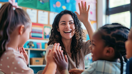 Happy elementary school teacher giving high-five to her student during class in the classroom. - Generative AI.の素材