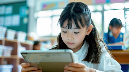 Schoolgirl using a tablet computer in elementary school in computer science class. - AI Generated.の素材