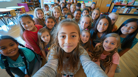 Class selfie in an elementary school. Kids taking a picture together in a co-ed school in a classroom. AI Generated.の素材
