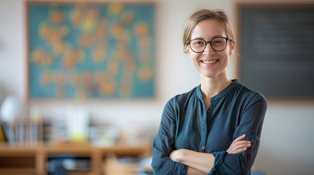 Teacher woman standing smile with arms crossed in the classroom. AI Generated.の素材
