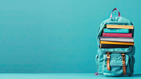 Full school backpack with books isolated on blue background with copy space. Back to School concept. Generative AI.の素材