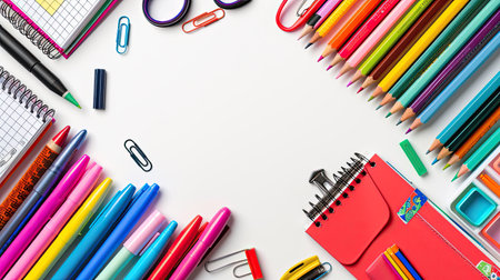 Set of stationery and school supplies laying on white table surface ground. isolated on white background. - Generative AI.の素材