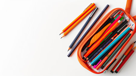 Pencil case with set of school supplies isolated on white. Top view Copy space Flat lay composition Banner. AI Generated.の素材