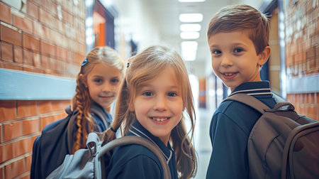 Group portrait of elementary school kids in school corridor. AI Generated.の素材
