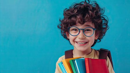 Back to school concept. Young boy with curly dark hair and round glasses is happy funny cute little child boy smiling and laugh hug books, studio shot isolated blue background. Kid from preschool kindergarten with school bag education. - AI Generated.の素材