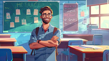 Teacher man standing smile with arms crossed in the classroom. AI Generated. - Drawing and Watercolor AI Style.の素材