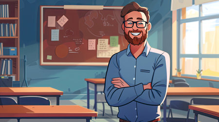 Teacher man standing smile with arms crossed in the classroom. AI Generated. - Drawing and Watercolor AI Style.の素材