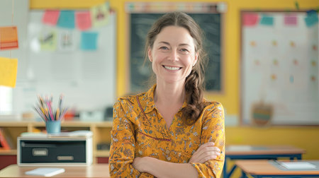Teacher woman standing smile with arms crossed in the classroom. AI Generated.の素材