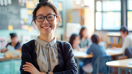 Teacher woman standing smile with arms crossed in the classroom. AI Generated.の素材