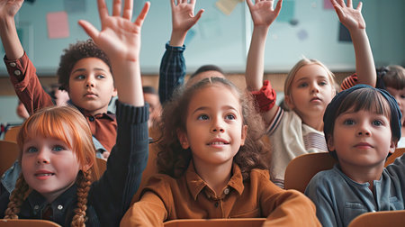School children in classroom at lesson raising their hands.Created with Generative AI.の素材