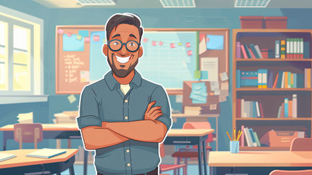 Teacher man standing smile with arms crossed in the classroom. AI Generated. - Drawing and Watercolor AI Style.の素材